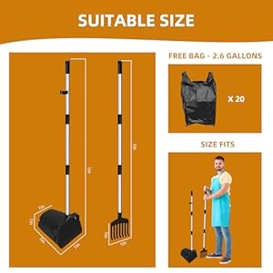 Metal Long Adjustable Dog Pooper Scooper,Pooper Scooper Swivel Bin and Rake with 20 Waste Bags,Poop Scooper for Large Medium Small Dogs,Long Stainless Steel Handle Use onYard, Grass, Dirt or Gravel