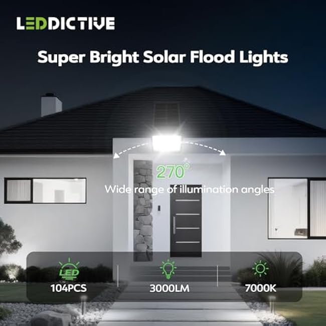 LED Solar Lights Outdoor 7000K, 3500LM Solar Powered Flood Lights with 3 Modes, Dusk to Dawn Outdoor Lighting with Remote, IP65 Waterproof, 16.4 Ft Cable for Yard Garage Porch