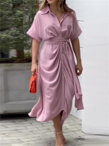 Spring Button Belted Party Women Dress Summer Sleeve Irregular Office Turn-Down Collar Shirt Lady Dresses3