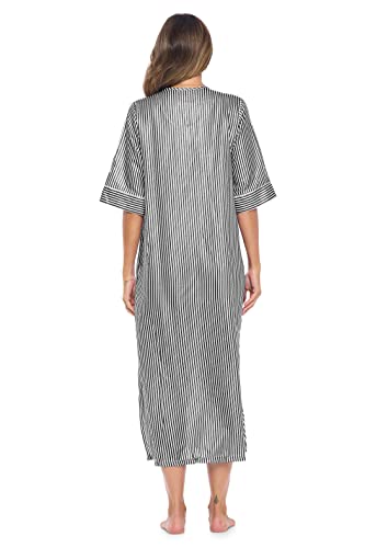 Casual Nights Women's Zip Front Seersucker House Dress 3/4 Sleeves Housecoat Long Duster Lounger - Striped Black - X-Large #TOP3