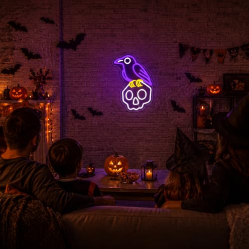 Image of Crow Skull Neon Sign, Halloween Neon Light Led Gothic Spooky Halloween Decor Sign, for Bedroom Home Office Man Cave Spooky Night Light Bar Game Room Party, Birthday Gift(15.7 * 9.4 In)