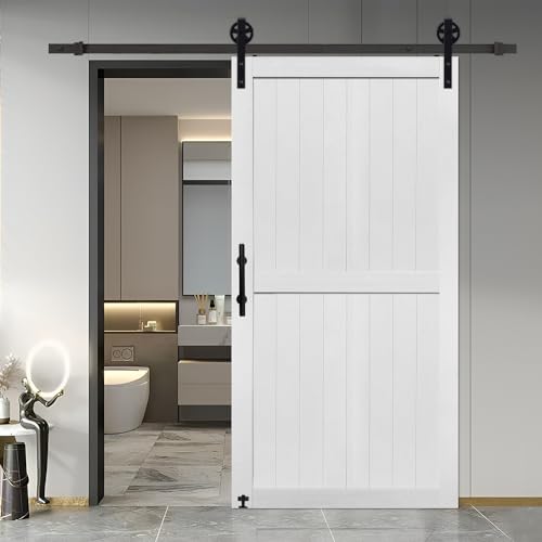 S&Z TOPHAND® 42in x 84in MDF Barn Door with 8FT Sliding Door Hardware Kit, 24-60in Solid Barn Door Slab Covered with Water-Proof PVC Surface, Simple Assembly is Required(Big Wheel)