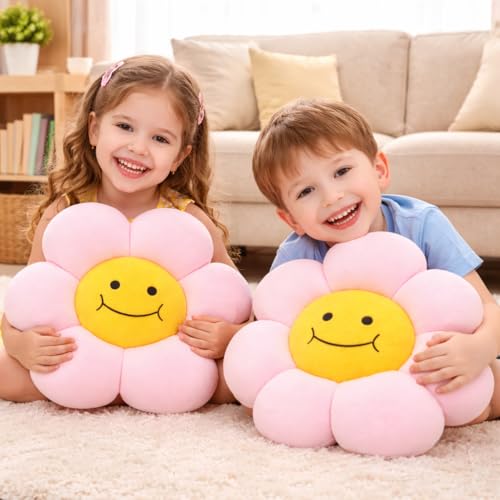 Image of AVSHUB Smiley Flower Cushion 40 cm | Soft Plush Pillow for Sofa Bed Decor | Cute Round Floral Shape Throw Cushion for Kids Room Living Room Gift Item (Pink)