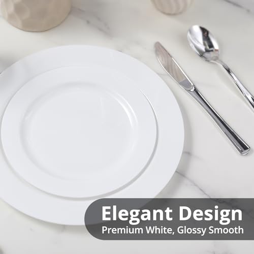 TENYANSEN 100-Pack Premium White Plastic Plates, Shatterproof Microwave-Safe Disposable Dinnerware, 10.25\" & 7.5\" Elegant Plates for Party, Picnic, Family Dinner, 2 Sizes - Appetizer/Dessert/Salad