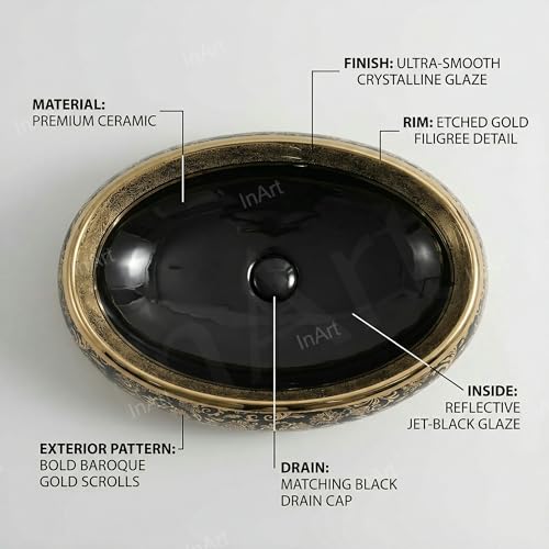 Image of Inart Ceramic Wash Basin | Counter Top Basin | Living room or Bathroom Table Top Basin | Black Gold Color | Size 60 x 40 x 15 CM