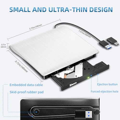 Image of Ziweo External DVD Drive USB 3.0 Type-C Portable CD DVD + /-RW Drive for Laptop DVD Player CD ROM Rewriter Burner Compatible with Laptop Desktop PC Windows MacBook Mac Linux Mac OS Upgrade White