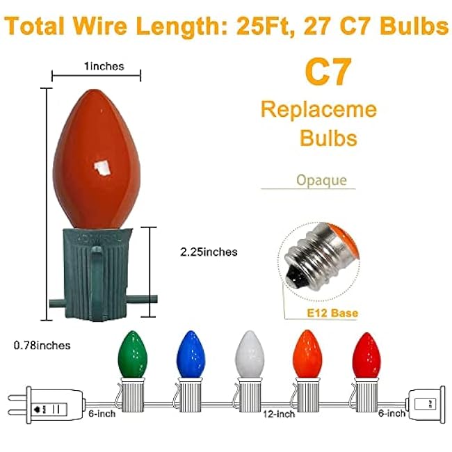 Abeja C7 Christmas Lights(25FT) 5 Multi-Color Outdoor&Indoor Ceramic String Lights (Plus 2 Extra Bulbs) for Holidays,Christmas, Prom, Party, Wedding-Green Wire