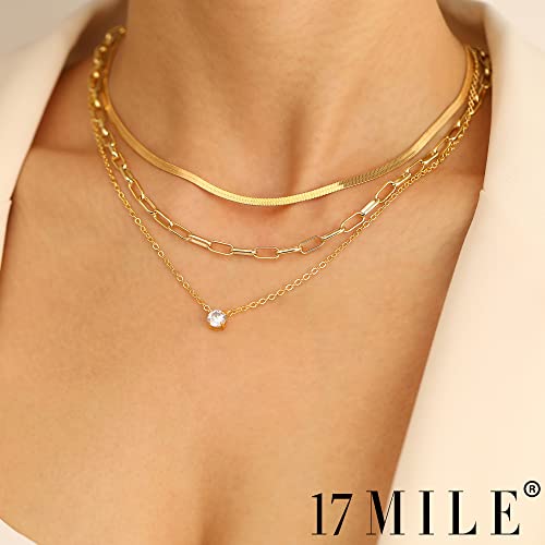 17 Mile Gold Layered Choker Necklace For Women Girls, 14K Real Gold Plated Cz Pendant Necklace, Dainty Flat Snake Chain Layering Necklace For Gift (1-3 Layered Gold) #TOP2