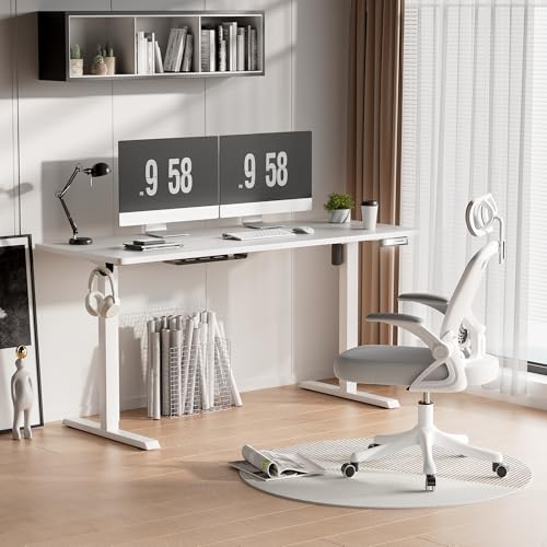 Image of Furmax Electric Standing Desk, 59 x 24 Inches Height Adjustable Desk with Wheels, Home Office Computer Desk with Management Box (White)