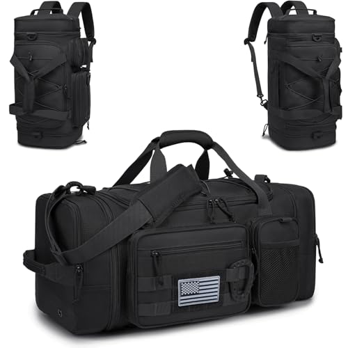 3 in 1 Tactical Gym Bag Backpack for Men 40-45L Expandable Travel Duffle Bag for Women Military Sport Duffel Bags Weekend Overnight with Shoe Compartment & Wet Pocket for Fitness, Black