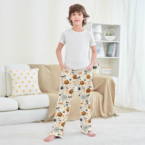 Halloween Pajama Pants Pumpkin Skull Bat Beige Long Sleep Pants Lounge Bottoms4