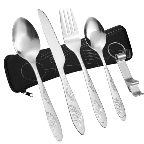Vicloon Couverts en Acier Inoxydable, 5 pièces de Ensemble de Couverts, Ensemble de Couverts Transportables, Couverts en Acier Inoxydable avec Idéal pour Les Voyages et Le Camping (Fleur-Noir)