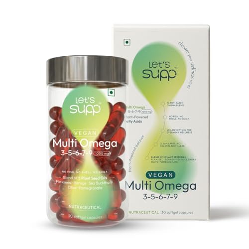 Let's Supp™ Vegan MultiOmega 3-5-6-7-9 | 1000 mg | 5 Plant Oils | Flaxseed, Sea Buckthorn, Borage, Pomegranate & Olive | Gelatin-Free Veg Softgels | Skin, Heart & Joint Support | 30 Softgels
