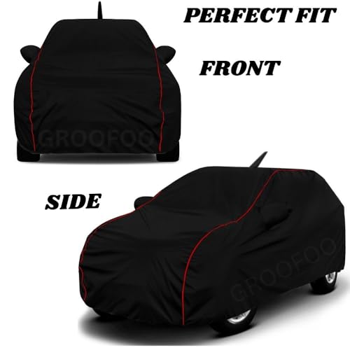 Image of GROOFOO Water Resistant Car Body Cover Compatible with Toyota Glanza | Triple Stitched Bottom Elastic Dustproof UV Heat Scratch Resistant Full Body Vehicle Protection Cover (Black Red)