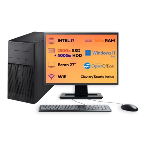 PC Bureau Complet Reconditionné – Intel Core i7 | 16 Go RAM | SSD 250 Go + HDD 500 Go | Windows 11 Pro | Écran 27