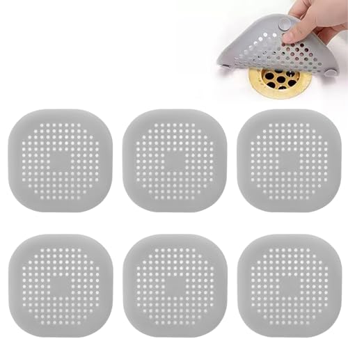 HORREX 6 Piezas Silicona Atrapa Pelos Ducha, Silicona Protector de Drenaje, Tapa Desague Ducha de con Ventosas Fuertes, Cubierta Drenaje Cuadrada para Baño, Bañera, Ccocina (Gris)
