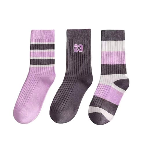 Ivedin Pack 3 Calcetines Altos de Algodón en Colores Lilas para Mujer y Niña | Tubo Medio con estilo Universitario | Talla Única 34-40 EU