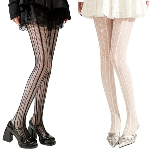 2Pcs Women’s Ultra Stretchable Fishnet Tights Vertical Striped Pantyhose Floral Lace Stockings Plus Size (One Size, 2Pc Black & White Vertical Striped)