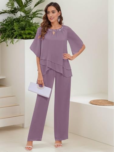 BONOYUER 2 Pieces Mother of The Bride Pant Suits for Women Dressy Chiffon Wedding Guest Pantsuits with Sleeves4