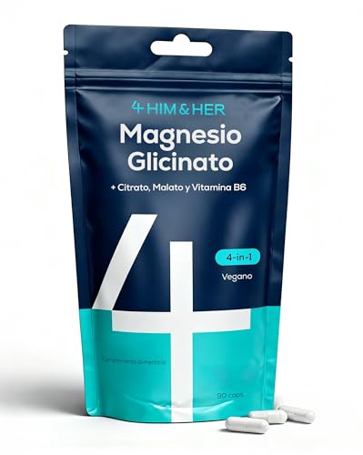 Magnesio Bisglicinato y Citrato de Magnesio – Triple Magnesio Complex 1279 mg con Malato y Vitamina B6 P5P – 250 mg Magnesio Elemental – 90 Cápsulas – 4 HIM & HER