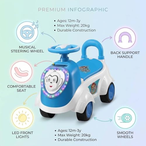 Image of Kids Ride-On Push Car with LED Lights & Steering Wheel - Toddler Ride On Toy Car with Music, Storage Seat & Backrest, Indoor Outdoor Ride Toy for Boys & Girls (Ages 1.5-3)