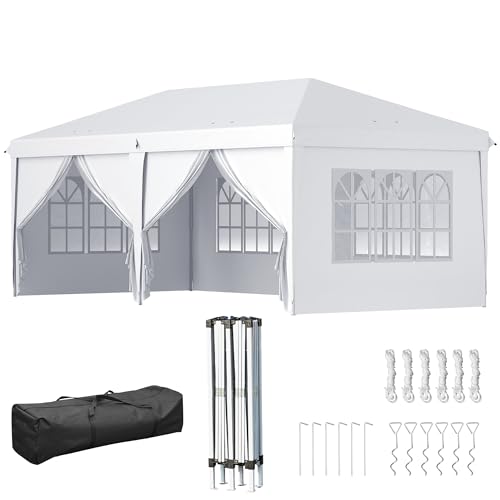 DIMENSIONI: 585L x 295P x 270A cm. Altezza gronda: 205 cm. Dimensioni ripiegate: 113L x 20P x 36A cm. Montaggio richiesto. NOTA: La garanzia per il gazebo non copre i danni causati da un uso improprio e da pioggia e vento forti
