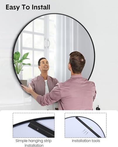 Image of The Arts Box Round Iron Decorative Round Wall Mirror - HD Clear Image with Hook for Hanging, Perfect for Bedroom, Home Decor, Vanity, Makeup, Wash Basin (Pack of 1) (Black 24 Inch)