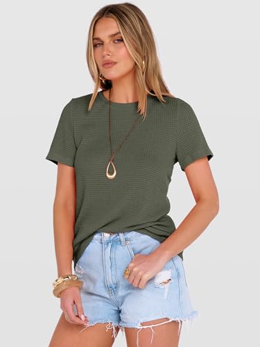 ANRABESS Women's Summer Waffle Knit Tops,Army Green,S — view 4