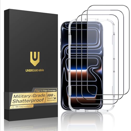 UNBREAKcable Vidrio Templado para iPhone 17 Pro [Paquete de 3] Dureza 9H Protector de Pantalla Irrompible [Marco de Fácil Instalación] [99,99% HD Clear] [Compatible con Fundas] para Apple 6,3"