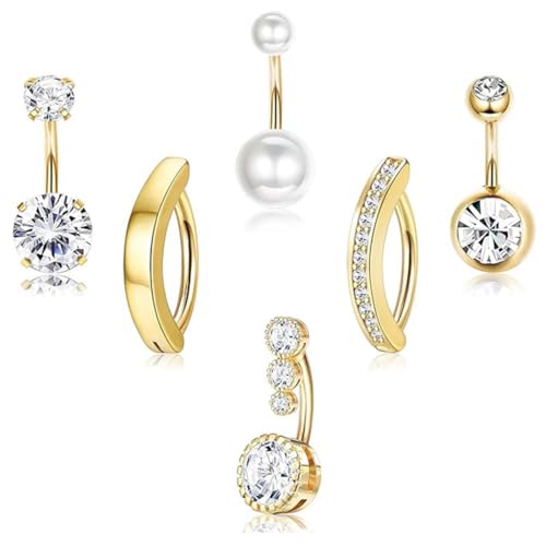 ZILZUFA Piercing de Ombligo en Acero Quirúrgico con Perlas y Estrass Dorado/Plateado, Diseño de Lujo para Abdomen, Piercing Ombligo Dorado Oro