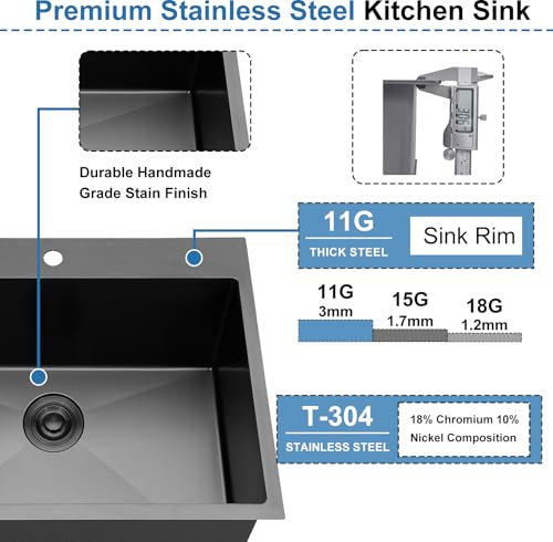 Image of SHACO 25x22 Inch Black Drop In Kitchen Sink, 25 Inch Gunmetal Black 8 Inch Deep RV Laundry Utility Sink, Top Mount 16 Gauge Stainless Steel Single Bowl Deep Small Kitchen Sink