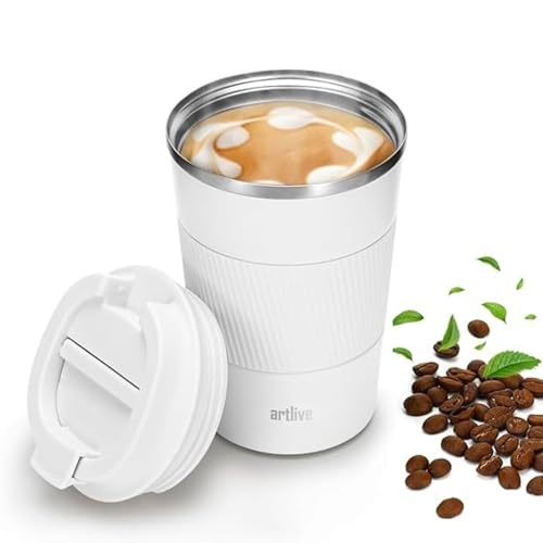 Artlive Travel Mug, Coffee Cup Insulated & Reusable Travel Cup - Thermal Stainless Steel Eco-Friendly with Leakproof Lid - Hot & Cold Coffee Mug 380ml (WhiteGrip, 380 ml)