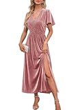 MEROKEETY Women's 2024 Side Slit Velvet Maxi Dress Short Sleeve Solid Long Dress Swing Party Dress Dustypink