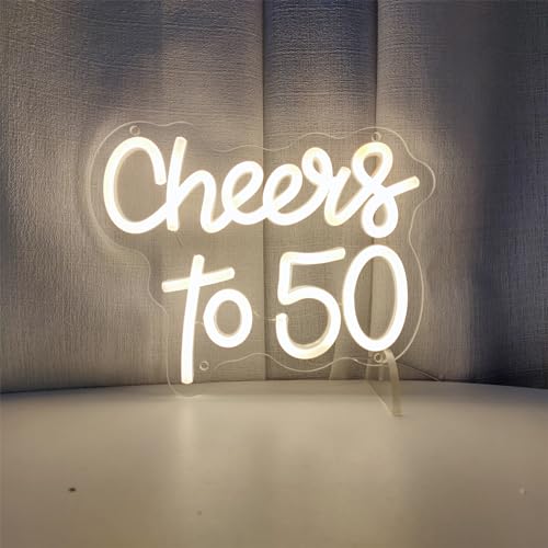 Image of Cheers to 50 Years Neon Sign 50th Anniversary Decorations, LED Lights Sign 50th Birthday Decorations for Living Room Bedroom Bar Birthday Wedding Party Decor, 9.4 inch x 7.9 inch