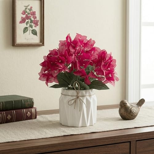 Image of Dekorly Artificial Lavender Plant in White Pot, 18cm - Realistic Faux Flower Arrangement for Home & Office Decor (Set of 1) (1, Bougainvillea)