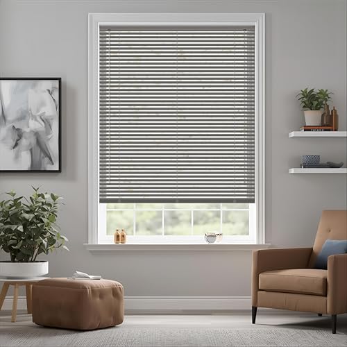 Grey/Silver Plain PVC venetian Blind - Width 120cm x Drop 150cm - 25mm Horizontal Slats - Easy Fit Trimmable fitting with Tilt control Wand Mechanism