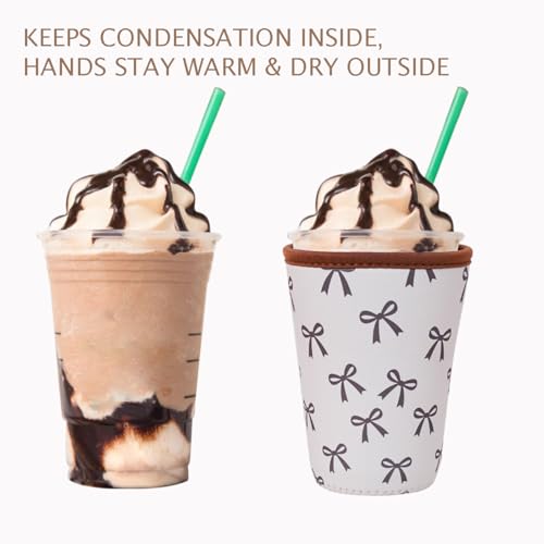 Image of Reusable Insulated Neoprene Iced Coffee Cup Sleeve, Durable Drink Sleeve for Cold Beverages, Beverage Holder for Iced Coffee (Cream Bow)