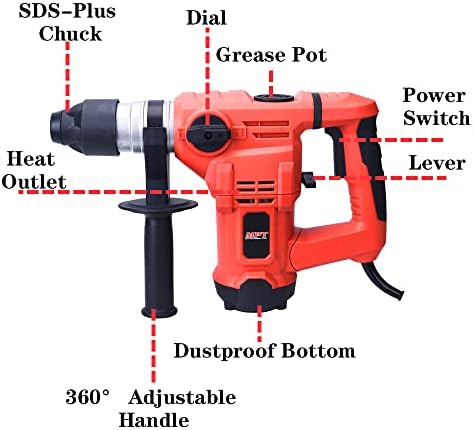 MPT 1500W Heavy Duty Rotary Hammer Drill,3 Function and Adjustabl Soft Grip Handle,Include 3 Drill Bits,Point and Flat Chisel with Case