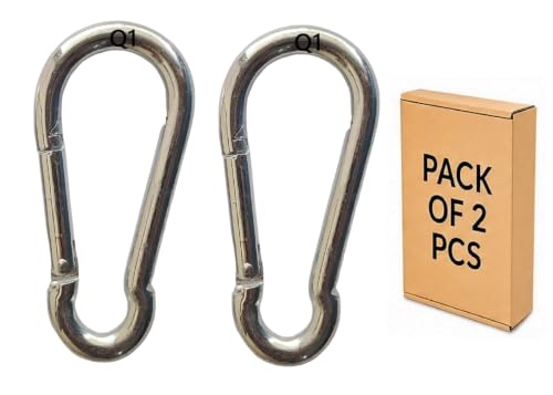 Image of Q1 Beads 2 Pcs. Steel 4 inches (10 mm x100 mm) Heavy Duty Snap Hook Carabiner Large Size 250 kgs. Capacity for Camping & Travel (Chrome)
