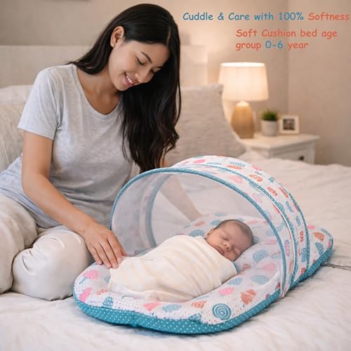 Image of Fareto Combo of Baby Bed with Net | Carry Bag | 4 Pcs Bedding Set (0-6 Months, Baby Size, Cotton) (Pista Sprial)