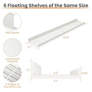 Upsimples floating shelves for wall wall shelves for decor storage set of 6 wall mounted wood shelves for bedroom living room bathroom kitchen 355 inch long picture ledge shelves white  urban country home decor