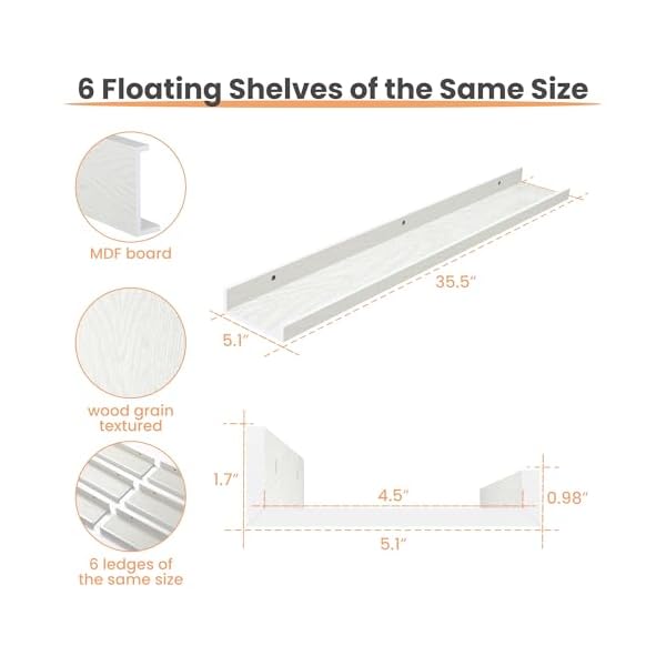 Upsimples floating shelves for wall wall shelves for decor storage set of 6 wall mounted wood shelves for bedroom living room bathroom kitchen 355 inch long picture ledge shelves white  urban country home decor