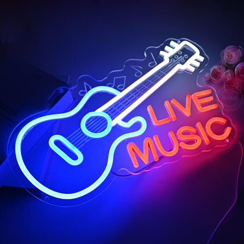 Image of Planzo Guitar Neon Sign Live Music LED Neon Light Record Studio Wall Decor | Music Room Night Club Neon Decor, Beer Bar Business Store Wall Sign Decor, Birthday Christmas Gift, USB, 15.75 inchX9.84 inch