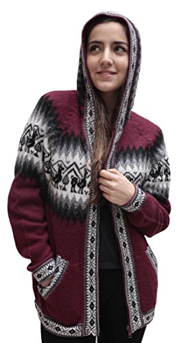 Little Llamas Hooded Alpaca Wool Knitted Jacket Hoodie Sweater (US, Alpha, Medium, Regular, Regular, Burgundy)