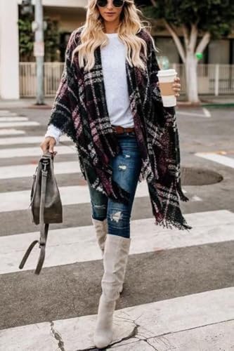 Women's Warm Shawl Wraps Plaid Poncho Cape Long Tassel Blanket Pashmina Sweater Coat Open Front Cardigan Block Floral Stripe4