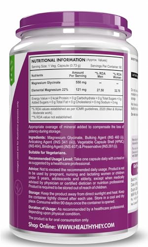 Image of HealthyHey Nutrition Magnesium Glycinate High Absorption for Sleep, Cramps, & Nerves Health -60 Vegetable Capsules