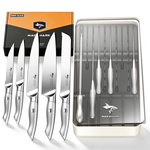 MAD SHARK 11-Piece German Steel Kitchen Knife Set with Block, Chef-Grade Ultra-Sharp Blades, Lightweight Ergonomic Handle, High-Carbon Forged Full Tang, Included Sharpener Rod, Gift Box
