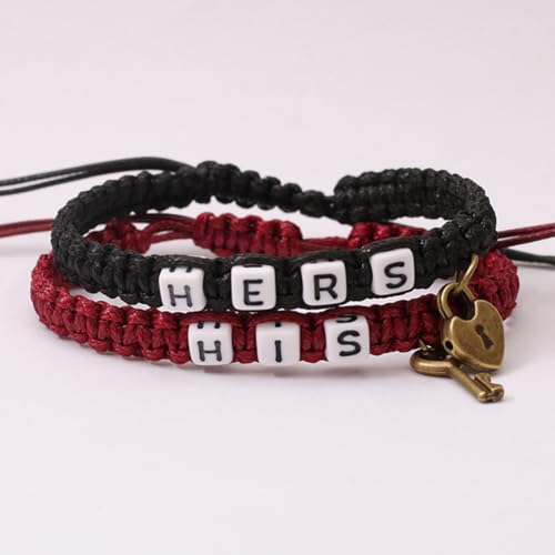 Image of AKOAK 2 Pcs HIS HERS Couple Braided Bracelet Padlock Key Pendant Hand Braided Lanyard Valentine's Day Gift Jewelry