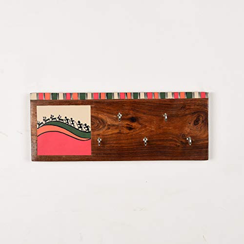 Image of Artysta 'Celebrations of Life' Pink Wooden Key Holder for Wall Stylish Decorative Wood Keychain Holder for Home Key Hanger for Home Decor (5 Hooks)