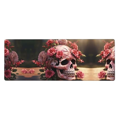 Tapis de souris surdimensionné motif crâne fleurs roses parfait pour bureau et jeux vidéo